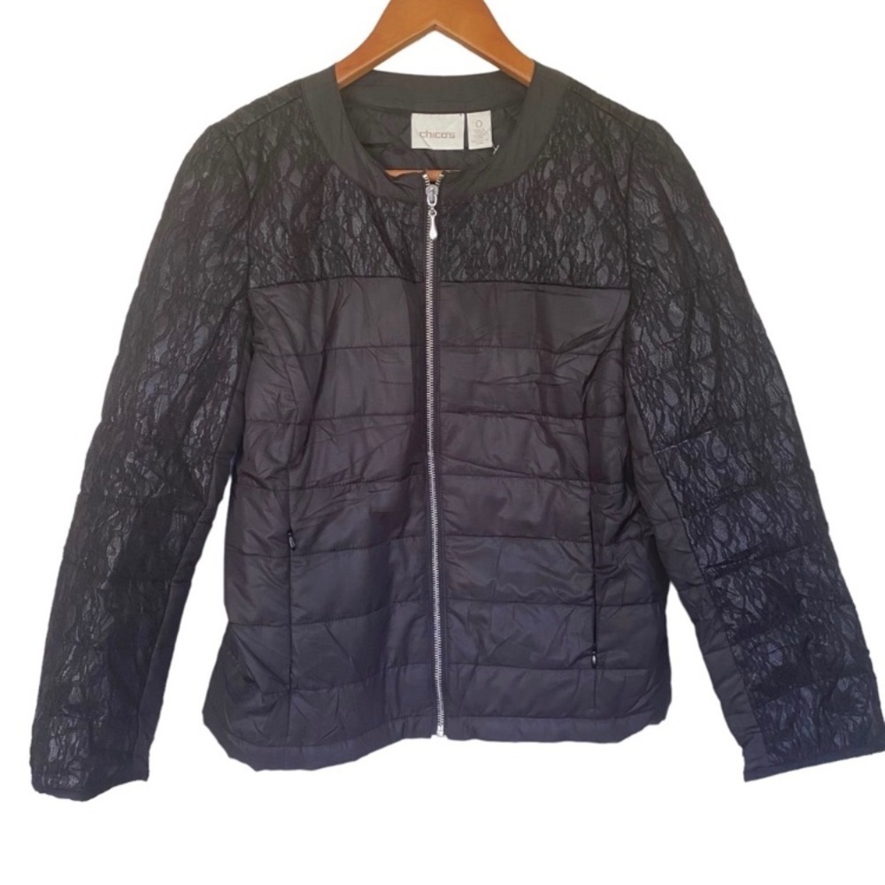 Chico's Black Puffer Jacket Zip Front Lightweight Lace Detail Small 0/4